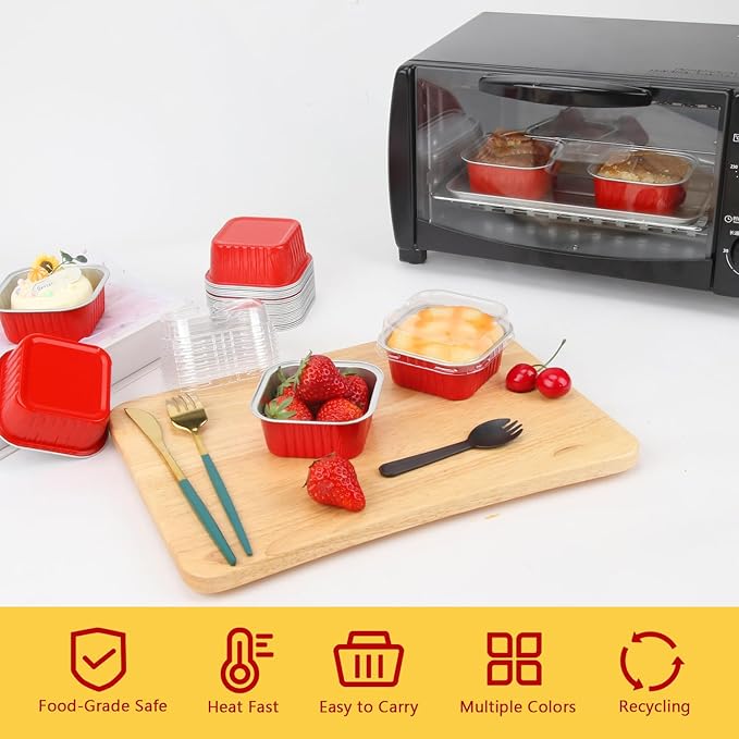 120pack 5oz Mini Cake Pans with Lids,LNYZQUS Foil Cupcake Cups Small Brownie Baking Tins,Square Disposable Ramekins Cheesecake Containers for Christmas-Red
