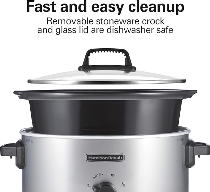 Hamilton Beach 6-Quart Slow Cooker with 3 Cooking Settings, Dishwasher-Safe Stoneware Crock & Glass Lid, Silver (33665G)