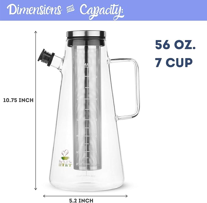 BTaT- Airtight Cold Brew Iced Coffee Maker Pitcher, 2 Liter/ 64 oz, Iced Tea Maker with Spout, Brewing Glass Carafe with Removable Stainless Steel Filter