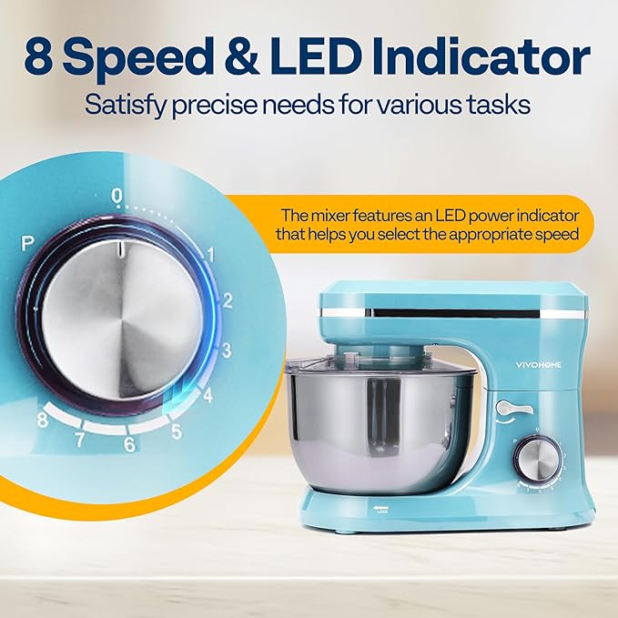 VIVOHOME 4.75 Quart Stand Mixer, 8 Speed Kitchen Electric Food Mixer, Household Stand Mixer for Baking, Cake, Bread with Beater, Dough Hook, Wire Whip and Egg Separator, Blue