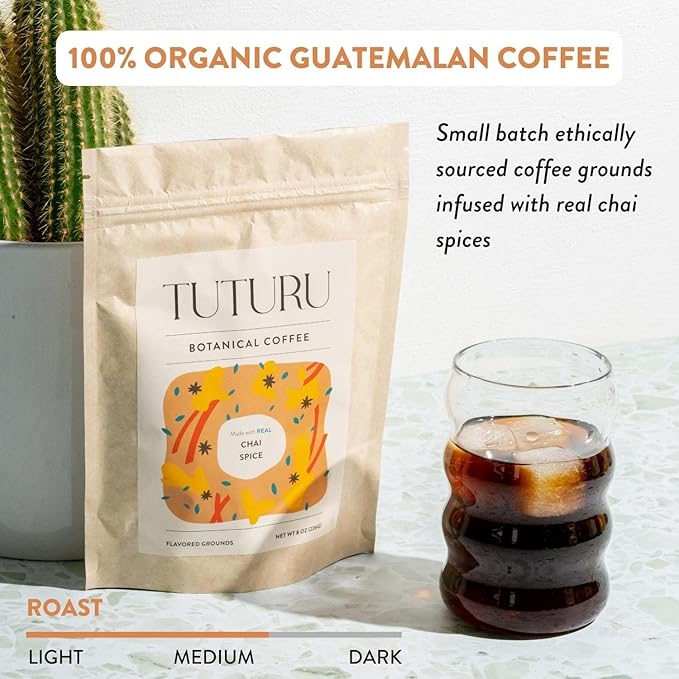 Organic Dirty Chai Ground Coffee - Medium Roast, Flavored Coffee - Real Chai Spices - Smooth Low-Acid- Perfect for Drip, Pour Over or Cold Brew - 8 oz, 22 Servings