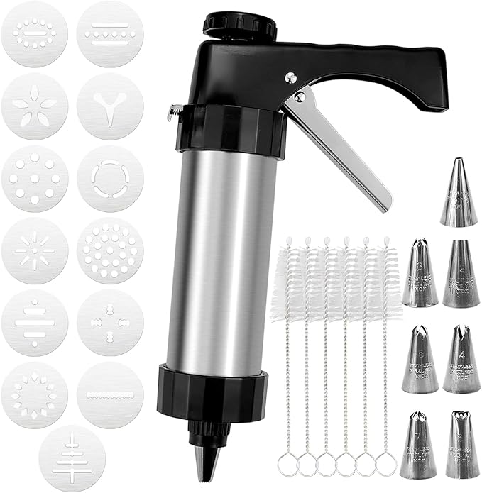 Cookie Press, Cookie Press Gun for Baking, Spritz Cookie Press, Stainless Steel Churros Maker Machine Kit, with 6 Brushes, 13 Cookie Discs, 8 Icing Nozzles, for Cookie Decorating