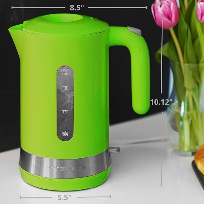 OVENTE 1.8L Electric Kettle, 1500W Fast Boiling Heater for Coffee or Tea, BPA Free, Easy to Fill Lid, Water Level Window, Auto Shut-Off, Boil-Dry Protection and Removable Filter, Green KP413G