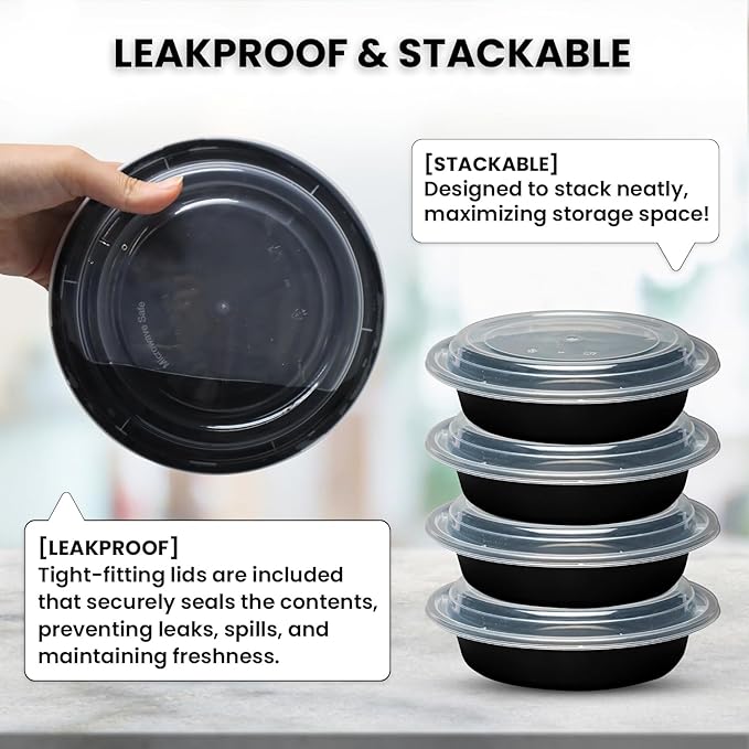 Klex 32 Oz, 50 Sets Meal Prep Containers with Airtight Lids, BPA Free, Reusable Plastic Food Container, 32 oz, Round, Black/Clear, 50 Sets