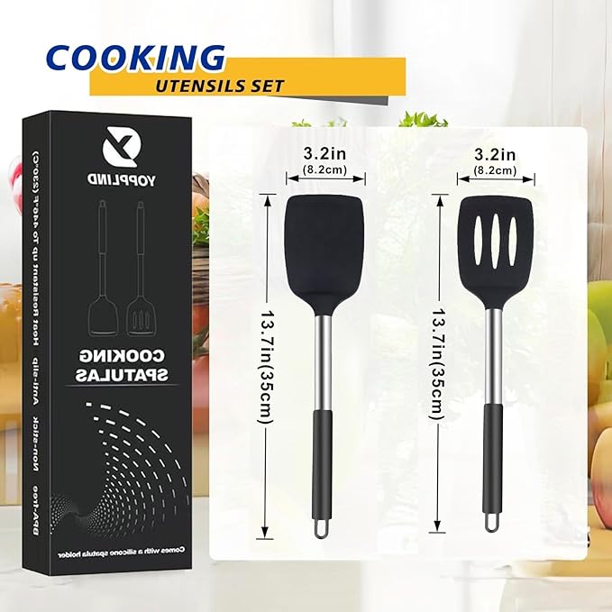 3Piece Silicone Spatula Set, Non Stick Slotted Kitchen Spatulas, High Heat Resistant BPA Free Cooking Utensils, Ideal Cookware for Fish, Eggs, Pancakes(black)