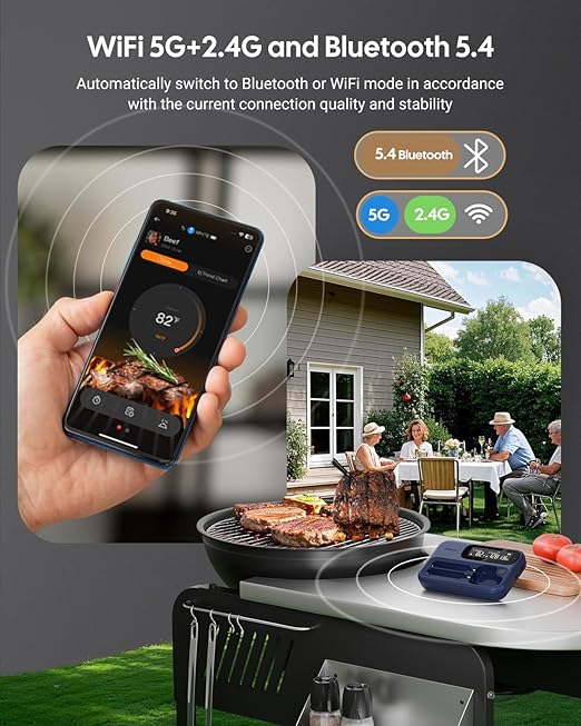 5G WiFi Wireless Meat Thermometer for Smoker Bluetooth, Dual Probes, Fitflavor Bluetooth Meat Thermometer for Grill BBQ, Smart Meat Probe for Food Cook Oven Grilling, Rechargeable