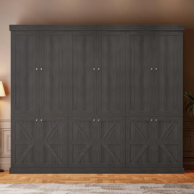 70.8" Tall Bookshelf with Doors, Farmhouse Modular Bookcase with 4-Tier Adjustable Shelves, Large Storage Cabinet for Home Office, Living Room, Black, Set of 2