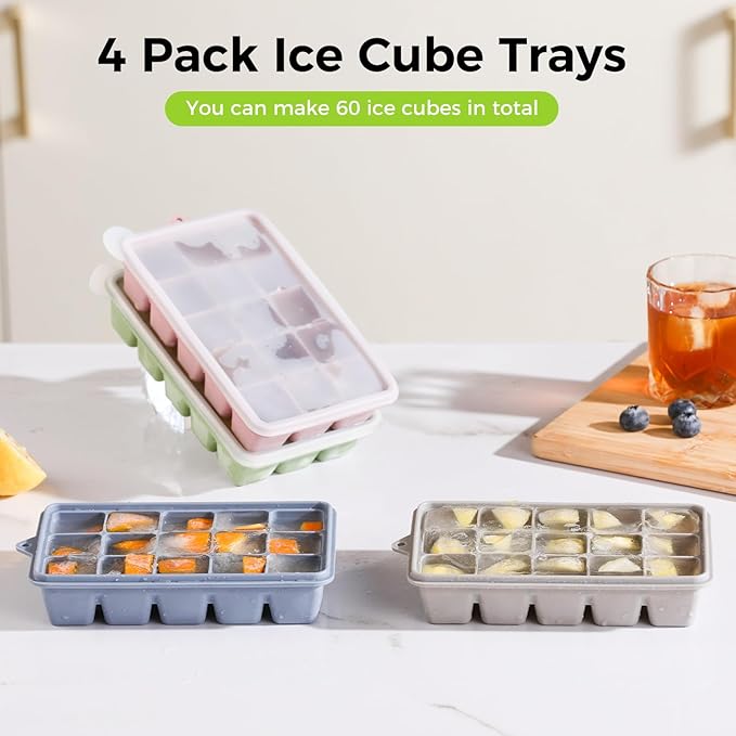Silicone Ice Cube Trays with Lid, Set of 4, Easy Release Ice Molds, Reusable and Stackable Ice Trays for Freezer for Cocktail, Whiskey, Baby Food, BPA Free (multicolour)