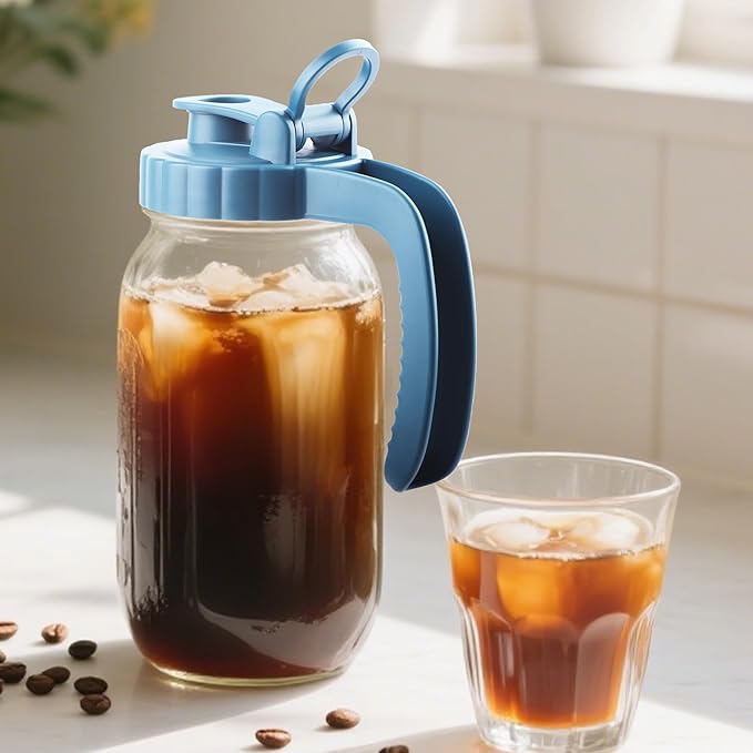 Mason Jar Pitcher With Stainless Steel Filter 64 OZ Wide Mouth Cold Brew Coffee Maker 2 Quart Glass water pitcher with lid Half Gallon Cold hot Tea maker For Lemonade Milk Juice Refrigerator