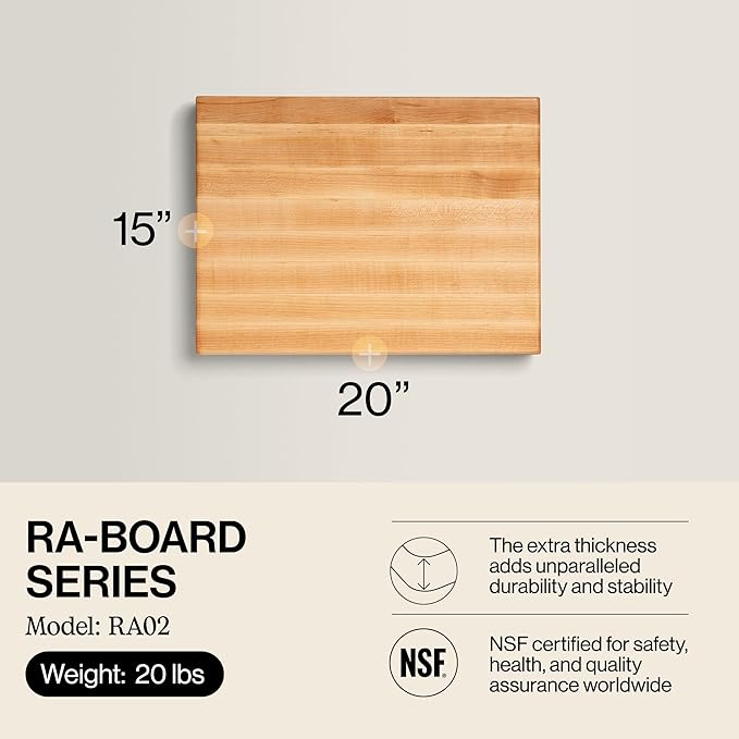 John Boos RA-Board Series Rectangular Wood Bamboo Maple Cutting Board 20”x15” – 2.25” Thick, 20-lb Reversible Butcher Block with Edge-Grain & Finger Grips – Made in the USA
