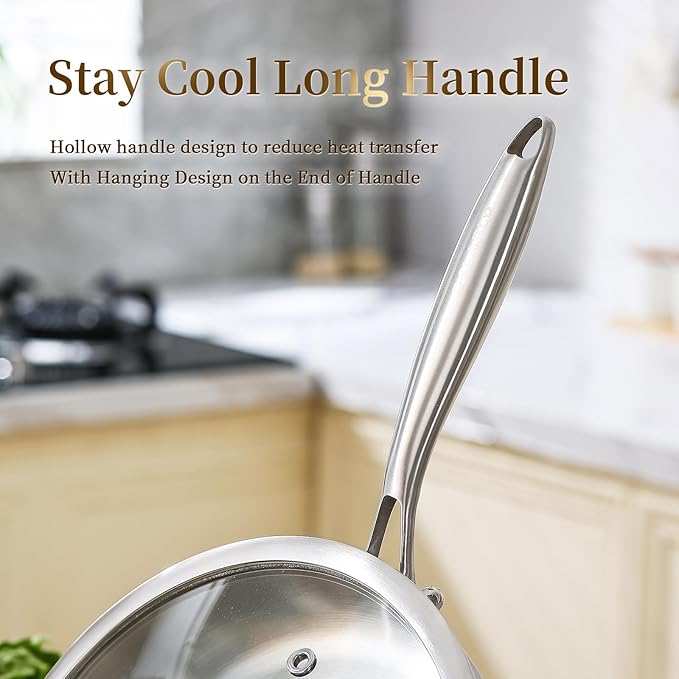 DELARLO Tri-ply Stainless Steel Frying Pan Set with Lid 10" 12" Induction large Skillets Chef's Pan,Pots and Pans Set Kitchen Cookware Set Suitable for All Stove