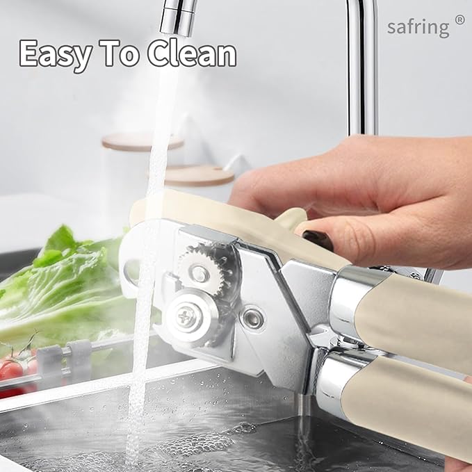 Can Opener Manual, Handheld Strong Heavy Duty Stainless Steel Can Opener, Comfortable Handle, Sharp Blade Smooth Edge, Can Openers with Multifunctional Bottle Opener, Beige