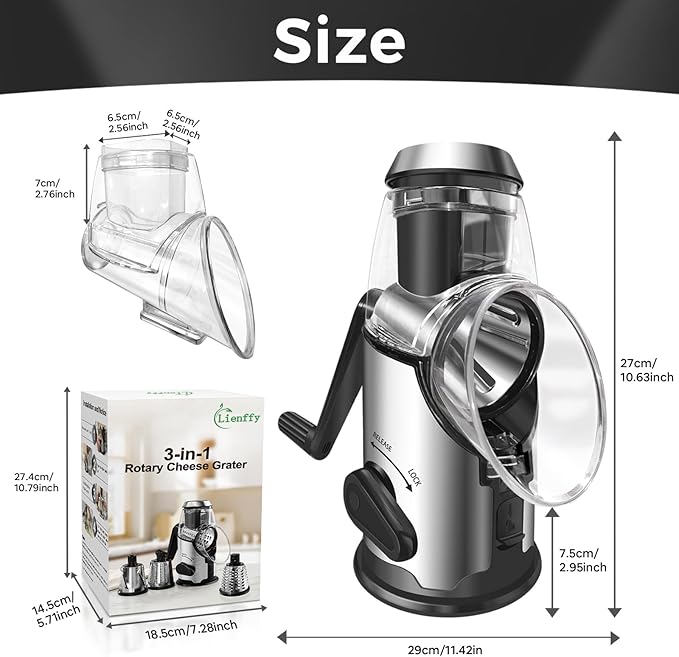 Rotary Cheese Grater with Handle,3 Changeable Blades for Kitchen Vegetable Cheese Shredder Slicer Grater,Nut Grinder,Easy to Use and Clean,Stainless Steel-Black Silver
