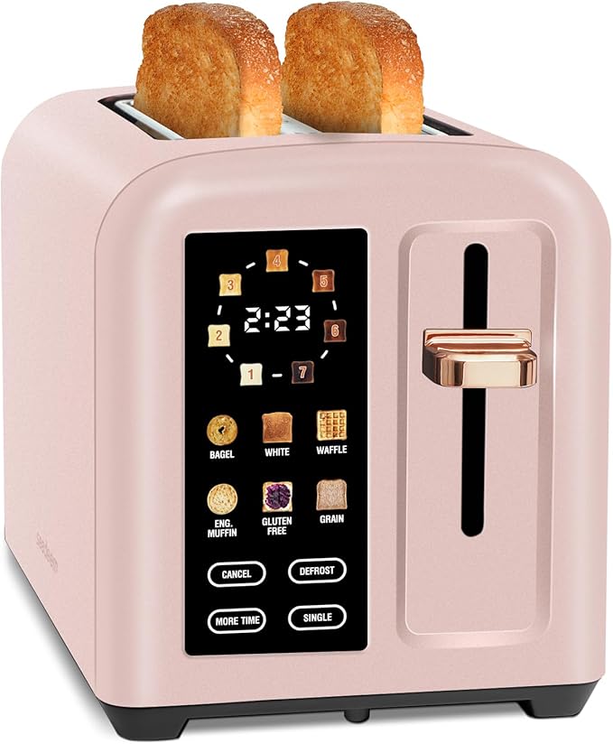 SEEDEEM Toaster 2 Slice, Touch Control Stainless Toaster LCD Display, 50% Faster Heating Speed, 1.4'' Wide Slots, More Timer Functions, Removable Crumb Tray, 1350W, Crystal Pink