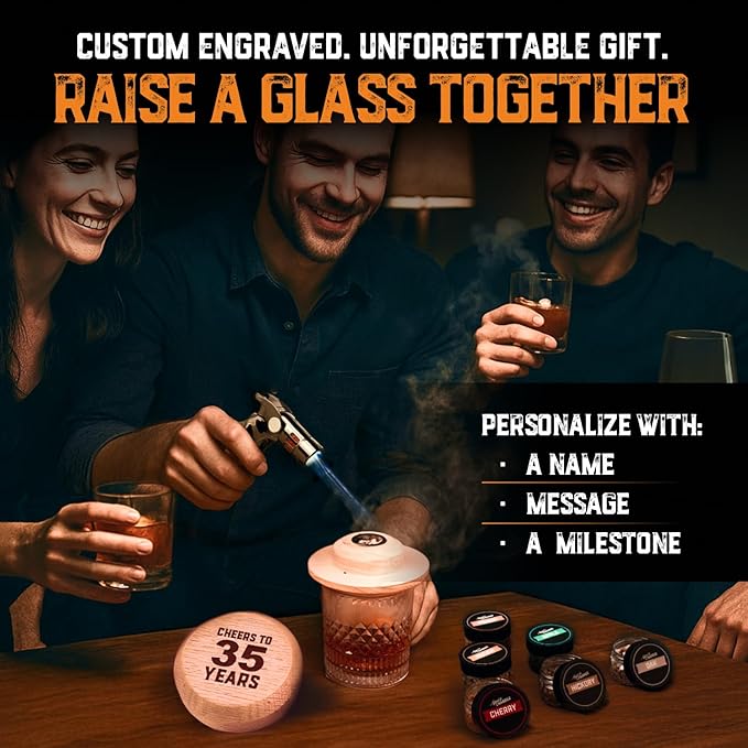 Personalised Whiskey Smoker Kit with Torch & Butane with Oak Wood Chips - Custom Engraved Smoke Lid for Bourbon & Old Fashioned Cocktails - Unique Whiskey Gifts for Men - Fits Various Glasses