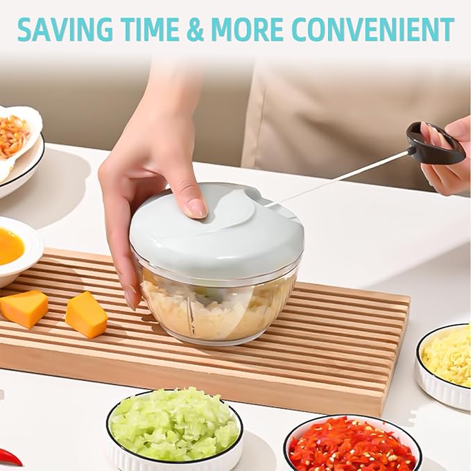 Manual Food Processor Vegetable Chopper, Hand Pull String Garlic Mincer Cutter for Veggies, Fruits, Nuts, Meat, Salad,500ml Gray