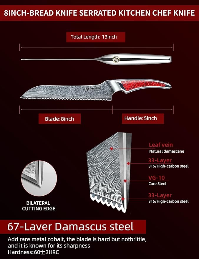 8 inch Serrated Bread Knife, Japanese VG-10 Damascus Steel Kitchen Knife, Ultra Sharp Bread Cutting Knife with Full-tang Handle in Red Resin, LA-S9 Series