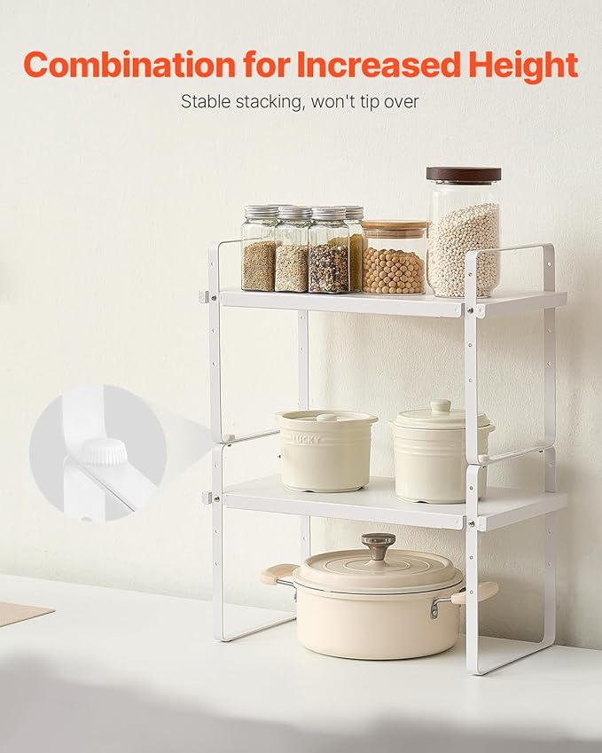 VEVOR Adjustable Kitchen Cabinet Shelf Organizer, Expandable 2 Tier Cabinet Shelf, Stackable Countertop Organizers and Storage Risers, Pantry for Kitchen Bathroom Office, White