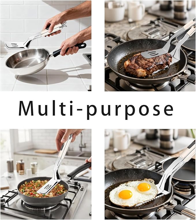 11.5-inch Stainless Steel Tongs for Cooking – Versatile Metal Spatula Tongs for Flipping, Picking Up, Cutting, and Stir-Frying Meats and Other Foods. Kitchen Tongs Durable and Multifunctional(White)