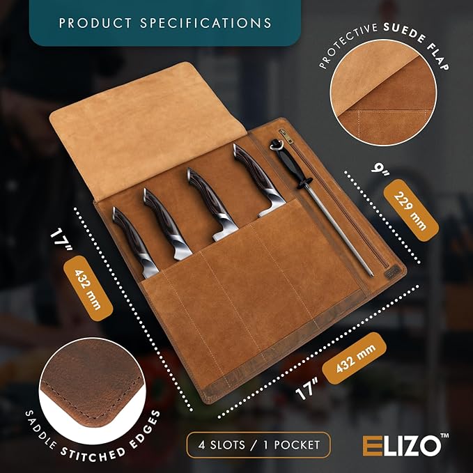ELIZO Leather Knife Roll Bag Professional Chef Knife Case, Durable Knife Sheath Holder, Cooks & Culinary Tools Carrying Storage, Portable Knife Wrap - 4 Slots (Saddle BuckEye)
