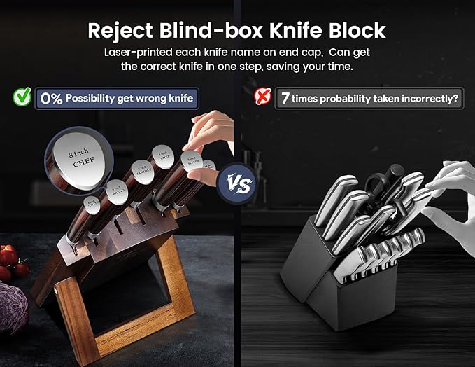 Knife Set 7 Piece Japanese Style Kitchen Knife Set With Foldable Magnetic Acacia Wood Block Sharp High Carbon Stainless Steel Knives Set for Kitchen with Anti-slip Ergonomic Handle, Ideal Gift
