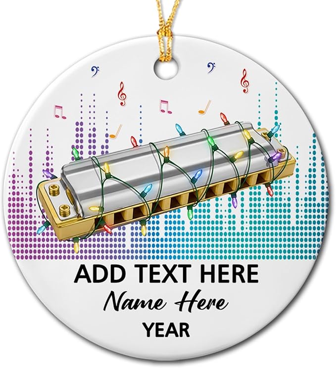 Customized Text Year Name Harmonica Instrument Player Ceramic Ornament, Personalized Harmonica Christmas Ornaments Gift for Harmonicist Women Men Friends Brother Sister, Harmonicas Musical Ornament