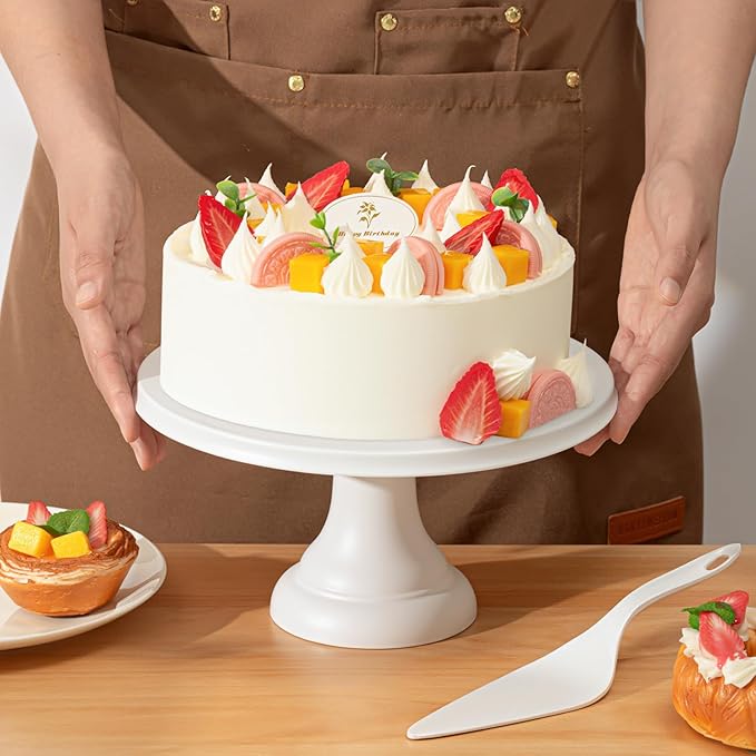JOYMAY 9.6 Inch Bamboo Fiber Cake Stand, Round Cake Holder, Cake Plate with Detachable Base, Dessert Table Display Set, Cake Decorating for Birthday Party Baking Gifts for 6inch, 8inch Cakes (White)