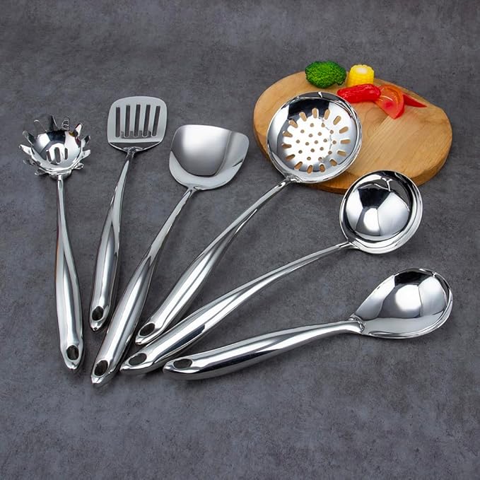 304 Stainless Steel Kitchen Utensils Set, VALESKA 6PCS Metal Cooking Utensils Set, Wok Spatula, Ladle, Skimmer Slotted Spoon, Pasta Spoon, Serving Large Ladle, Slotted Spatula Tunner