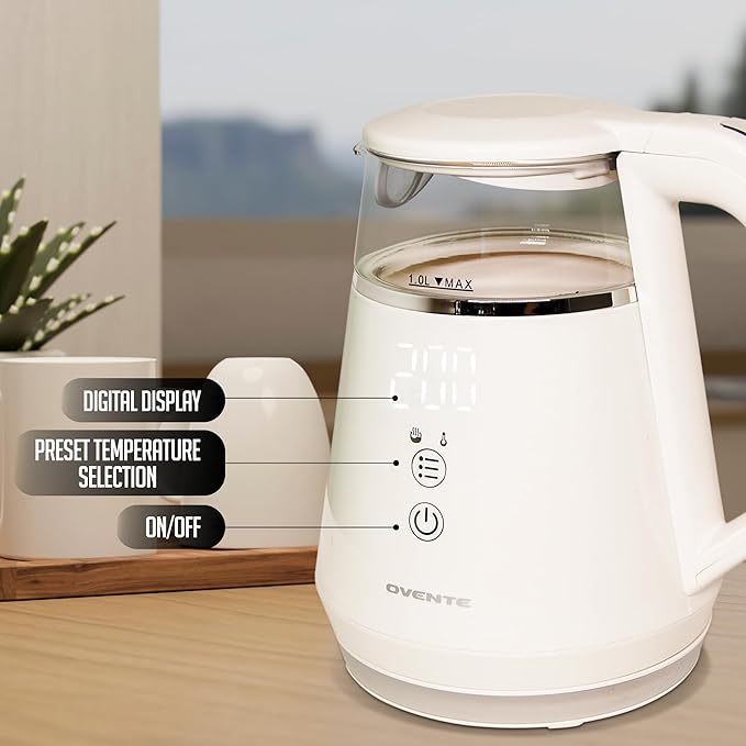OVENTE 1L Small Electric Kettle with 5 Temperature Preset, Digital Display, 5Hr Keep Warm, Auto Shut-Off, Double-Wall Cool Touch Exterior, Borosilicate Glass,1500W BPA Free Water Boiler, White KD95W