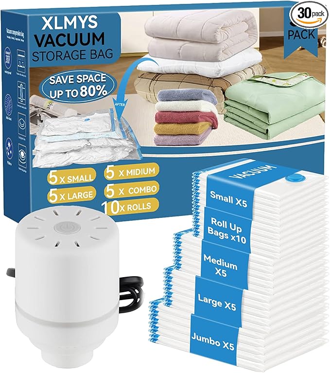 30 Pack Vacuum Storage Bags with Electric Pump, Space Saver Vacuum Storage Bags (5 Jumbo/5 Large/5 Medium/5 Small+10 Roll Up) for Clothes, Travel, Comforters, Blankets, Bedding