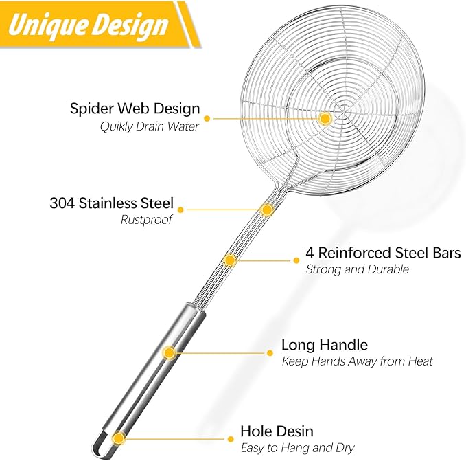 Pack of 2 Large Spider Strainer, Stainless Steel Skimmer Basket,Kitchen Ladle Strainers,Mesh Spoons with Long Handle, Cooking Tools for Frying, Boiling Noodles, Dumplings, Pasta