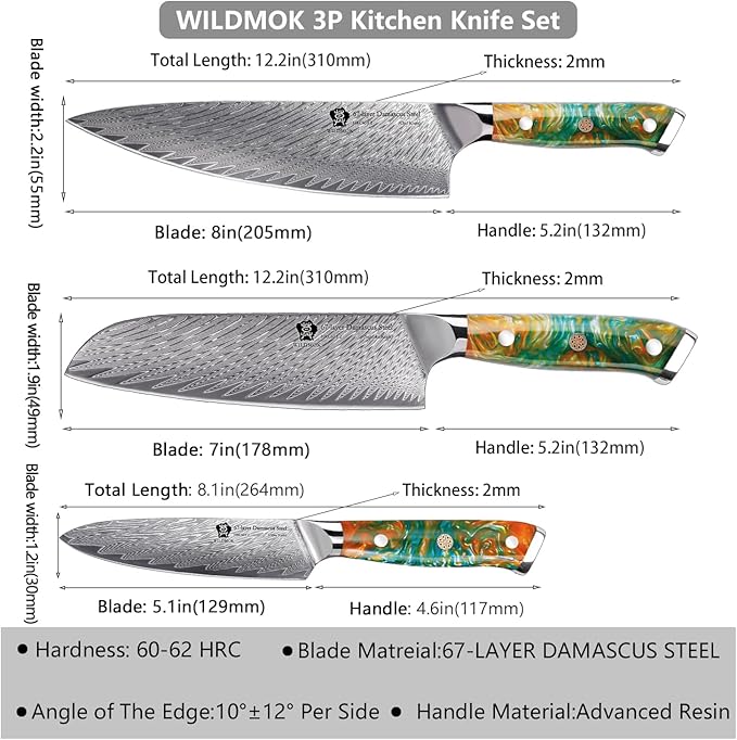 WILDMOK Damascus Kitchen Knife Set, Chef Knife Set, Sharp Damascus Steel Forged Blade Kitchen Knives Set with Ergonomic Resin Handle
