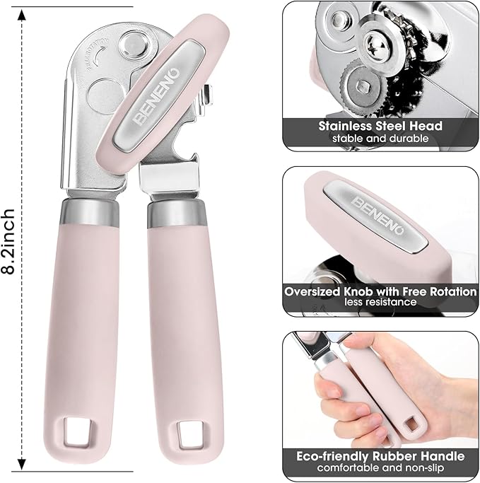 Beneno Heavy Duty Hand Can Opener Manual with Magnet, Durable Sharp Carbon Steel Blade Smooth Cutting, Big Effort-Saving Knob & Soft Grip Handle, Multifunctional Bottle Opener, Light Pink