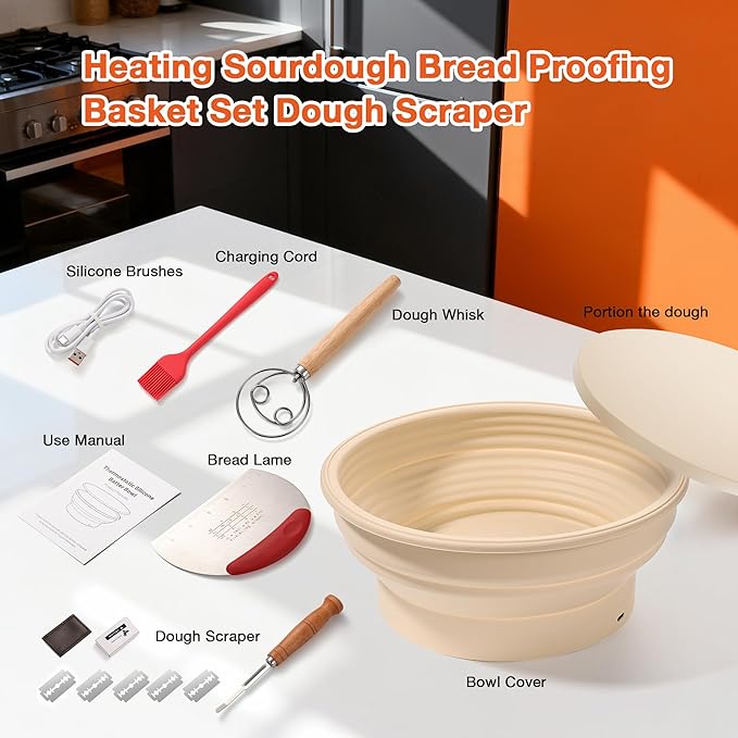 Heating Sourdough Bread Proofing Basket Set, Electric Thermostatic Silicone Batter Bowl, 9 Inch Round Foldable Proofing Bowl, Sourdough Bread Baking Supplies