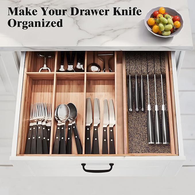 Enoking Knife Drawer Organizer Insert, In Drawer Knife Block, Acacia Wood Knife Holder with Cork Dividers For Kitchen Chef Steak Knife Storage Keep Drawer Tidy (Acacia Wood, 15 x 5.9 x 2.6 In)