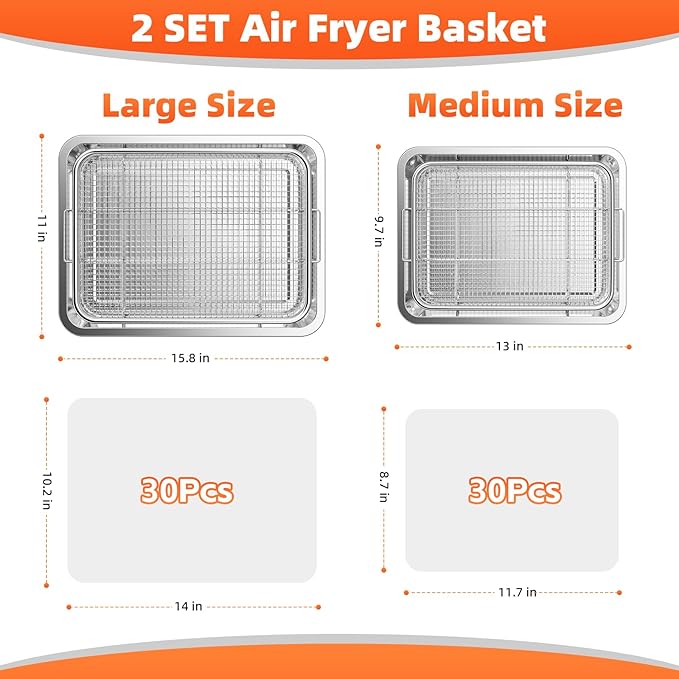 Air Fryer Basket for Oven, 2 Set Oven Air Fryer Basket and Tray with 60 PCS Parchment Papers, DEGOVIN Crisper Tray Non-stick Stainless Steel Air Fry Pans for Convection Oven(15.8" × 11" & 13" × 9.7")