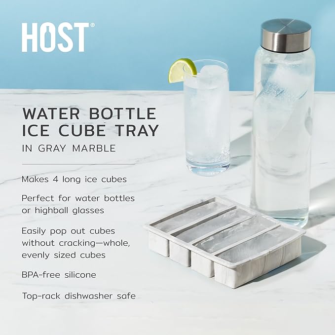 Host Ice Cube Tray, Makes Four 5-Inch Long Cubes, Durable Silicone Trays with Easy Release Design, Perfect for Water Bottles and Highball Glasses, Home Bar Accessories, Set of 1, Marble