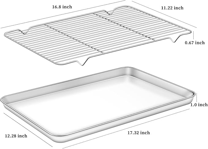 Deedro Baking Sheet with Rack Set [2 Sheets + 2 Racks], Stainless Steel Cookie Half Sheets Baking Pan Oven Tray with Cooling Rack, 17.32 x 12.28 x 1 Inch, Heavy Duty, Non-toxic, Easy Clean