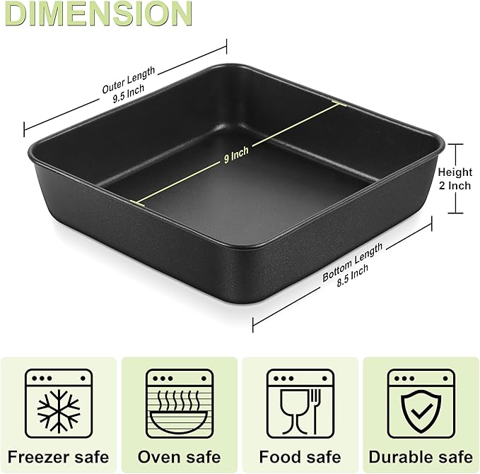 E-far 9x9 Baking Pan, Nonstick Square Cake Pan with Stainless Steel Core, Black Metal Bakeware for Brownies Lasagna Cakes, Non-toxic & Easy Clean, 2 Inch Deep
