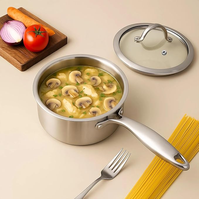 Stainless Steel Small Brushed Saucepan With Lid, Induction Cooking Sauce Pot Pans, 18/10 Tri-Ply Heavy Bottom Saucier Cookware, Dishwasher Safe & Oven Safe (1.5QT)