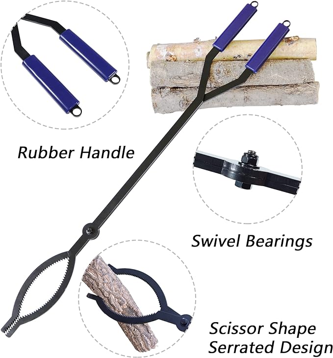 40in Heavy Duty Fire Tongs Firewood Grabber Tool with Scissor Shape Serrated, Log Claw Tongs for Bonfire Campfire Fire Pit Outdoor Indoor Log Grabber Rustproof Safely Moves Firewood