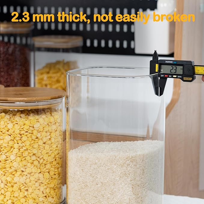 156oz 52oz Airtight Glass Square Storage Canister with Bamboo Lid Set of 2(4600ml*1 1550ml*1) Large Gallon Glass Jars for Sugar, Flour, Cookies and Coffee beans (‎with Black Lable)