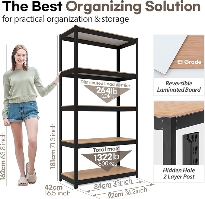 HOMEDANT House Black 5-Tier Laminated Metal Shelving Unit Adjustable Storage Utility Rack Heavy Duty Shelves Organization Shelf Kitchen Garage Pantry Closet 2Pack