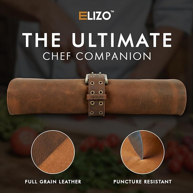 ELIZO Leather Knife Roll Bag Professional Chef Knife Case, Durable Knife Sheath Holder, Cooks & Culinary Tools Carrying Storage, Portable Knife Wrap - 4 Slots (Saddle BuckEye)