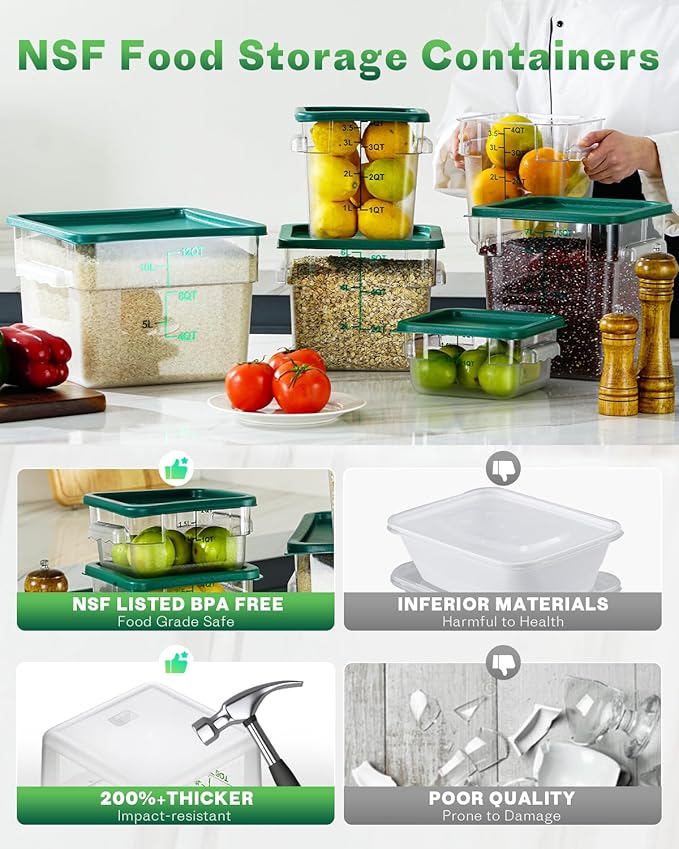 2QT NSF Food Storage Containers: 2 PCS [Food Grade][Hot&Cold Resistant] Commercial Clear Square Food Storage Containers with Scales Handles for Home Restaurant Kitchen Proof Dough(BPA FREE-GREEN)