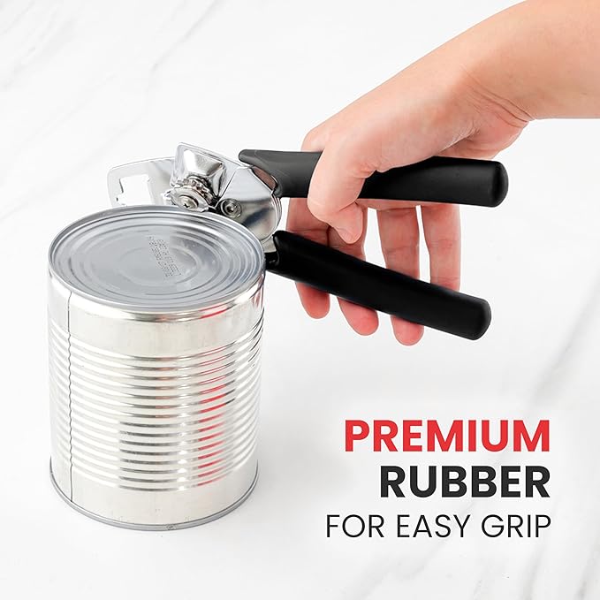 Zulay Kitchen Heavy Duty Stainless Steel Manual Can Opener – Ergonomic Soft Grip Handles, Smooth Edge Cutting Wheel & Large Built In Bottle Opener – Easy Turn Knob for Effortless Use - Black