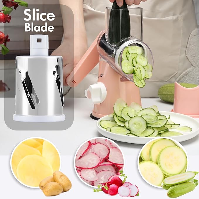 Rotary Cheese Grater with Handle, Round Mandoline Speed Kitchen Slicer, 3 in 1 Multifunctional Vegetable Shredder Manual Nut Grinder for Nuts, Potato, Carrot, Cucumber (Pink)