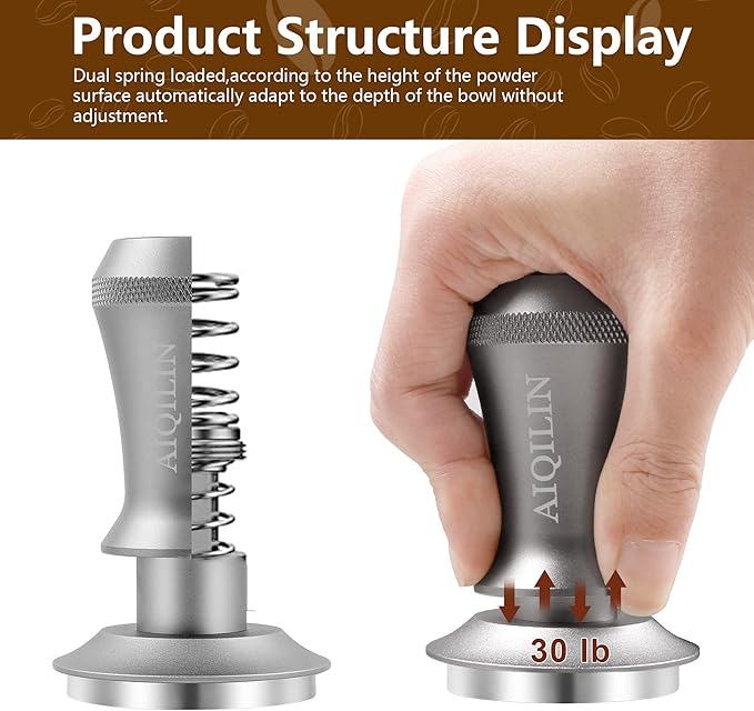 Espresso Tamper, Constant 30lb Coffee Tamper with double Calibrated Spring Loaded, Stainless Steel double spring loaded Coffee Tamper Fits for All Portafilters- Flat Base (53mm, SILVER)