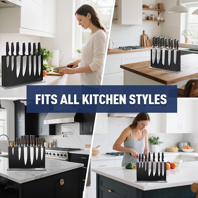 Magnetic Knife Block Without Knives—Black Stainless Steel Double-Sided Magnetic Knife Holder Stand with Strong Magnets, Knife Storage Organizer for Kitchen Counter top, 16 inch