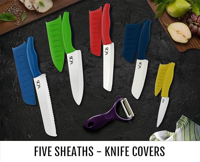 Vos Ceramic Knife with Peeler, Ceramic Knives Set For Kitchen, Ultra Sharp Kitchen Knife Set with Covers, 4"5"6"7"8" Paring, Chef Knife, Santoku & 2 more, Lightweight, Dishwasher safe (Multi-Color)